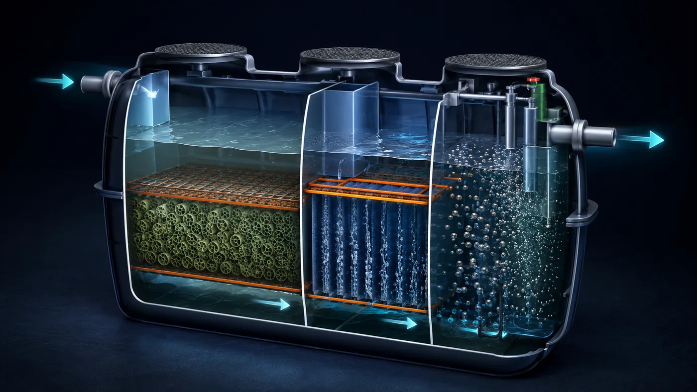 Japanese septic system cutaway showing staged wastewater treatment chambers
